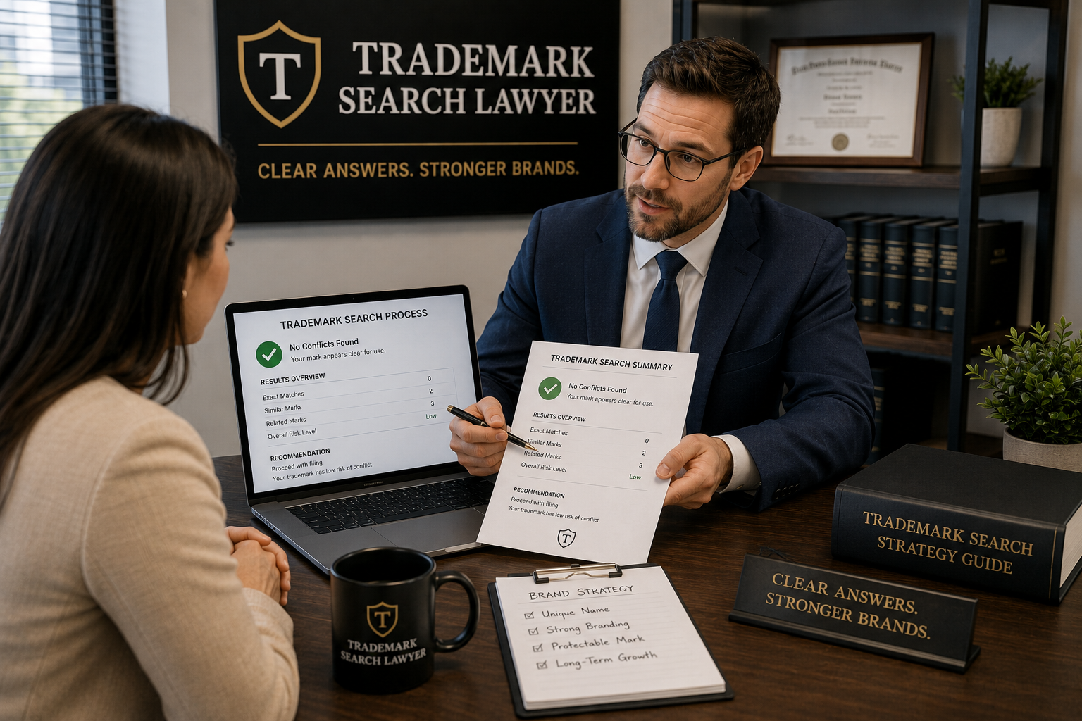 Consultation, training, production, or servicedelivery setting consultation for trademark search lawyer