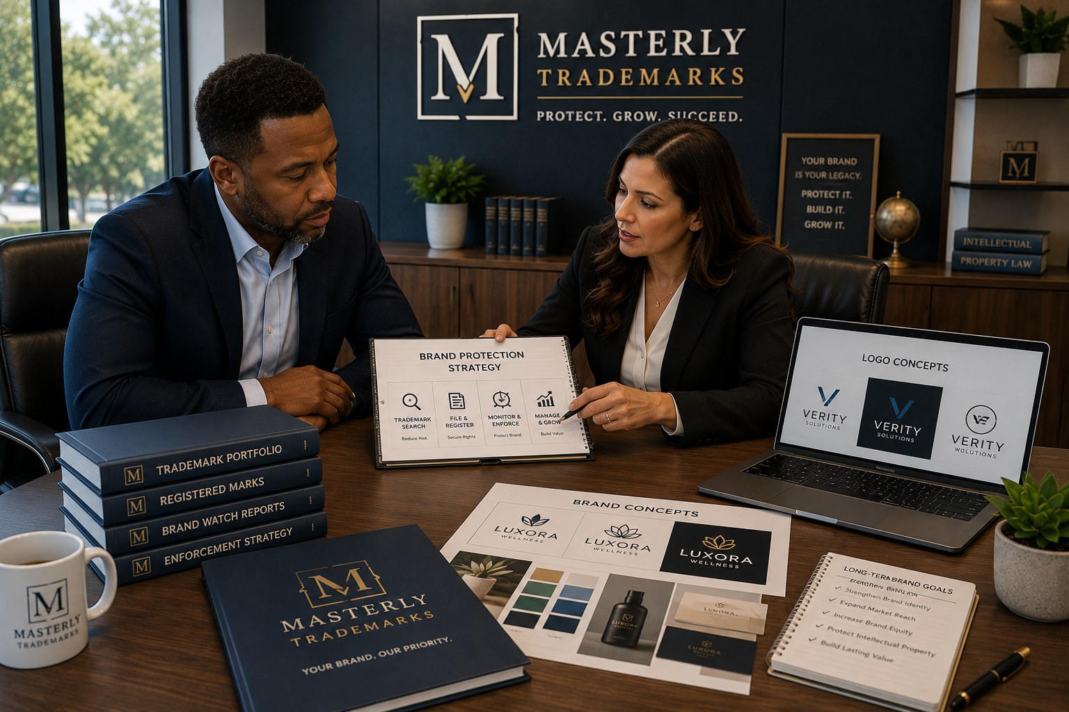 Brand protection attorney reviewing trademark monitoring strategy with business owner