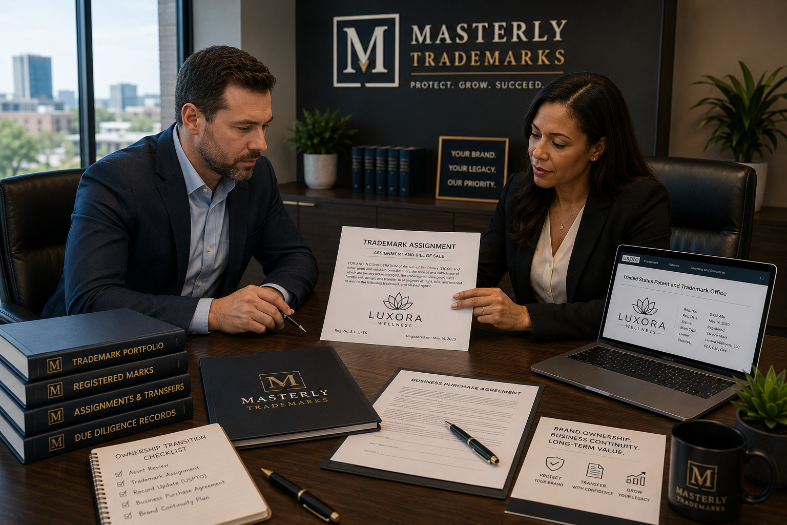 Trademark ownership transfer attorney reviewing trademark assignment documents with business owner