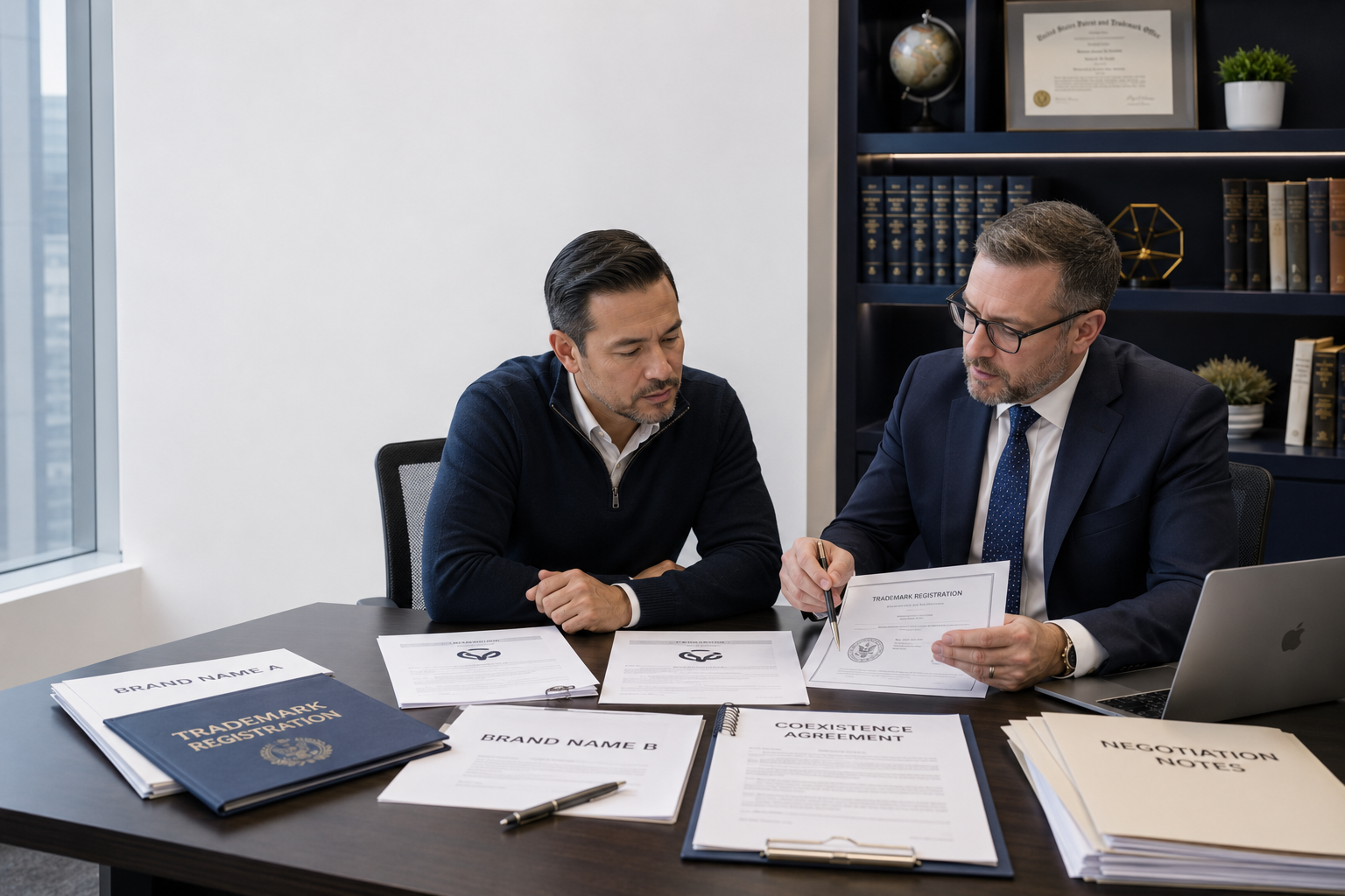 Trademark attorney reviewing a trademark coexistence agreement with business owners to establish clear brand boundaries.