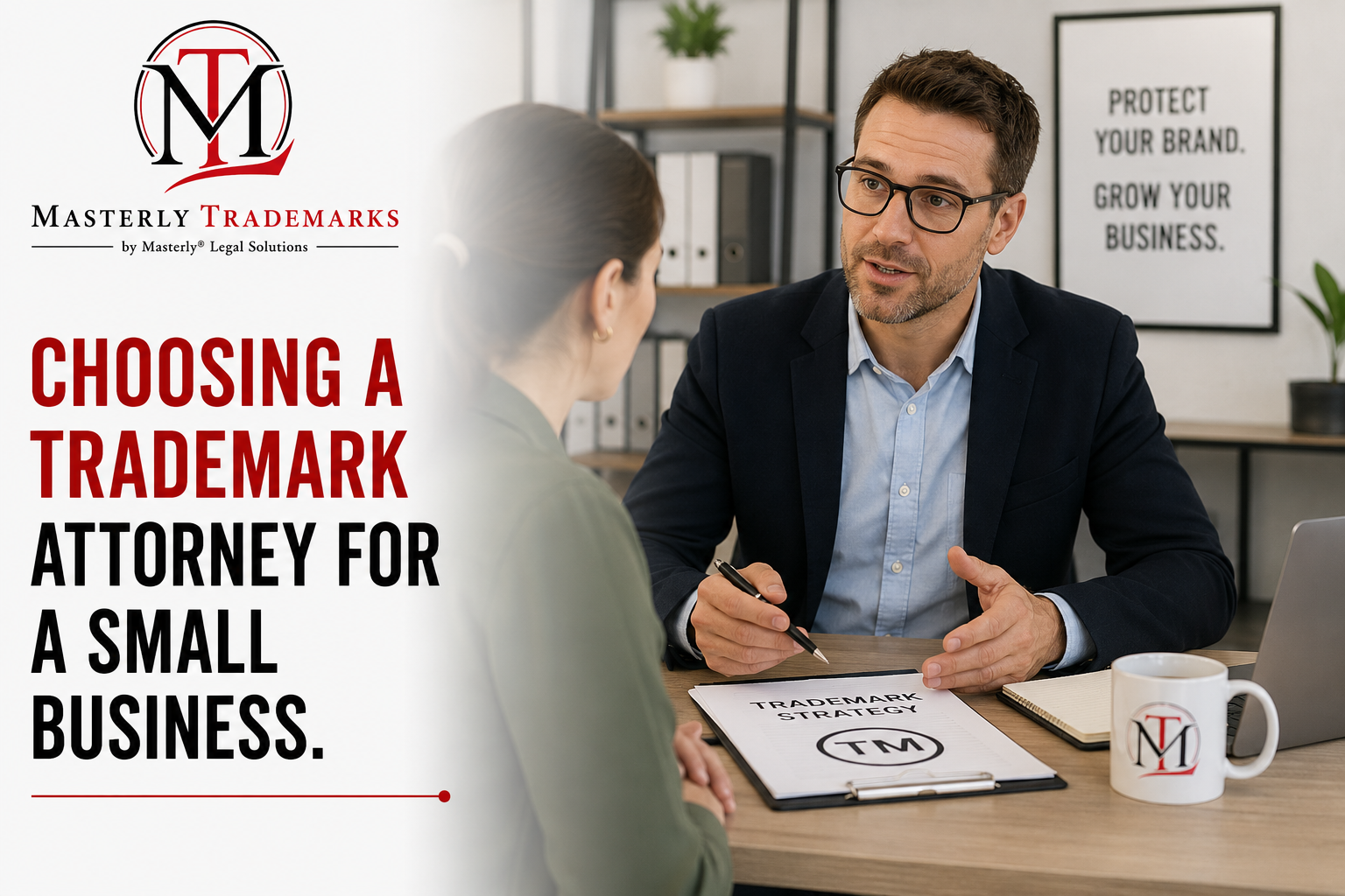 Small business owner meeting with a trademark attorney before filing a trademark