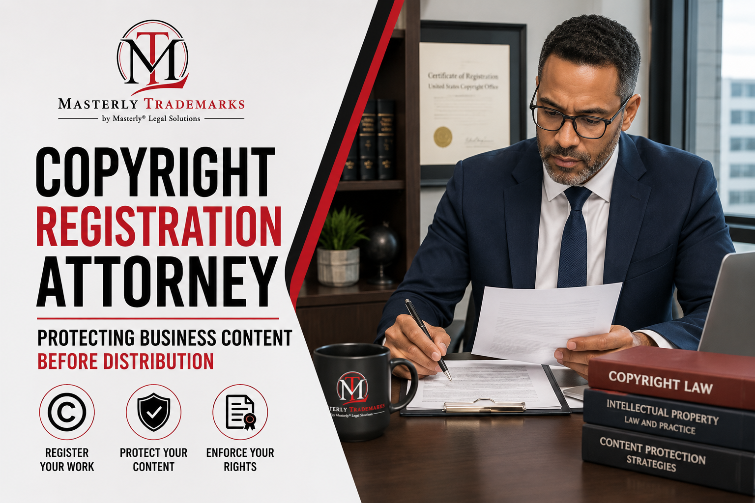 Copyright registration attorney reviewing creative works with a business owner.