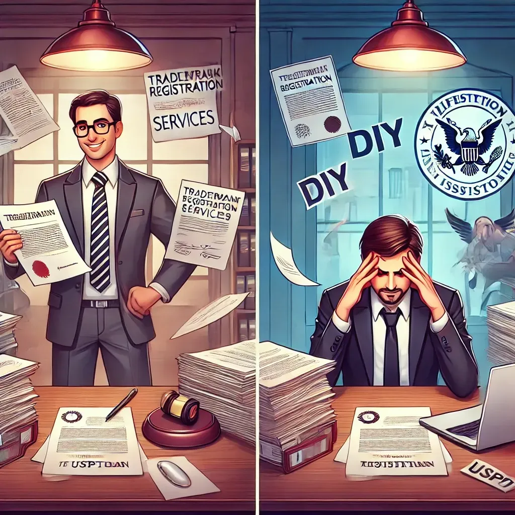 A business concept illustration showing the contrast between trademark registration services and DIY filing. On the left, a confident attorney is assisting a business owner with legal documents, symbolizing professional help. On the right, a stressed entrepreneur struggles with paperwork and a laptop, depicting the challenges of DIY trademark filing. The background features a legal office setting with a trademark registration certificate and a USPTO seal.