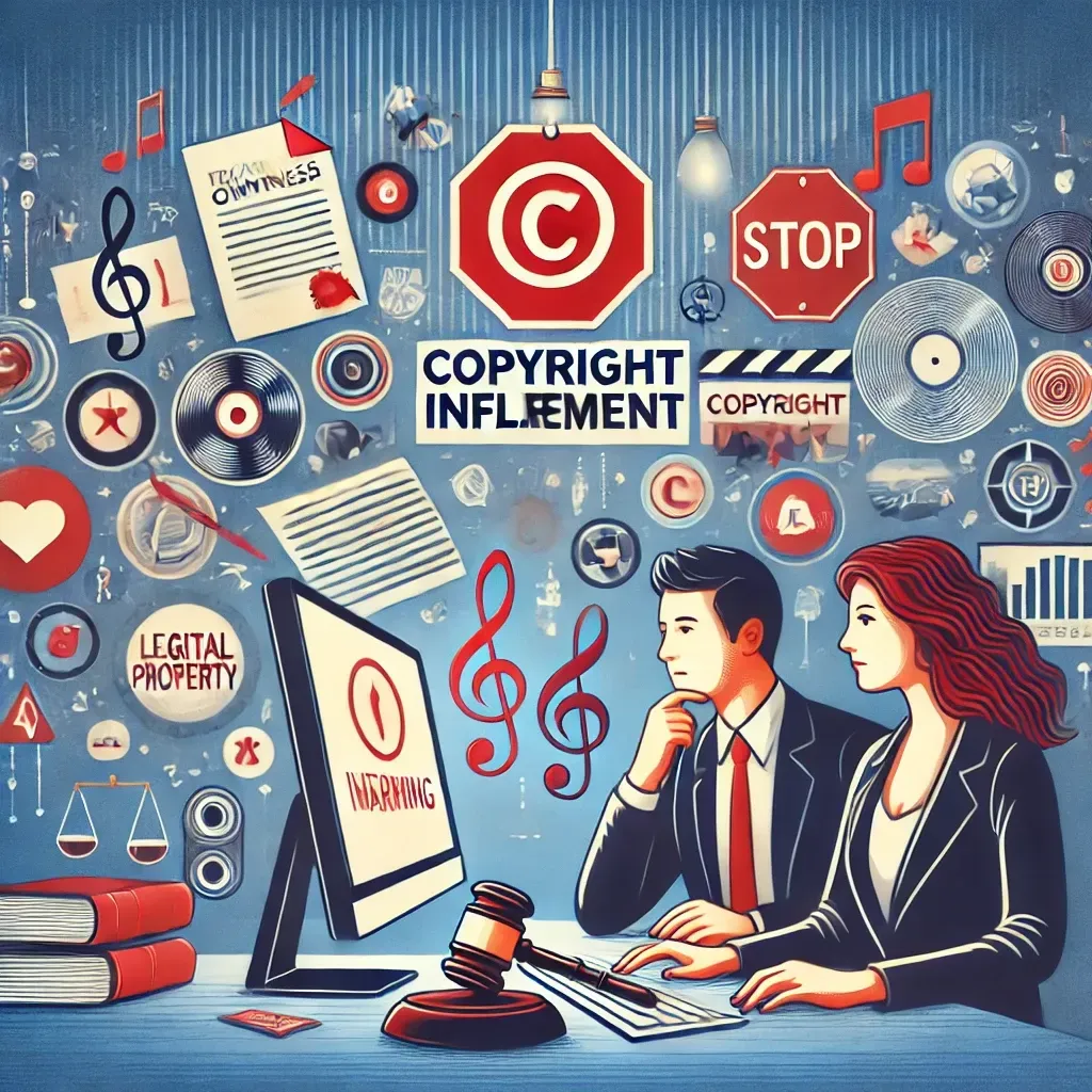 A digital illustration of a business owner and a content creator looking at a computer screen displaying a bold red
