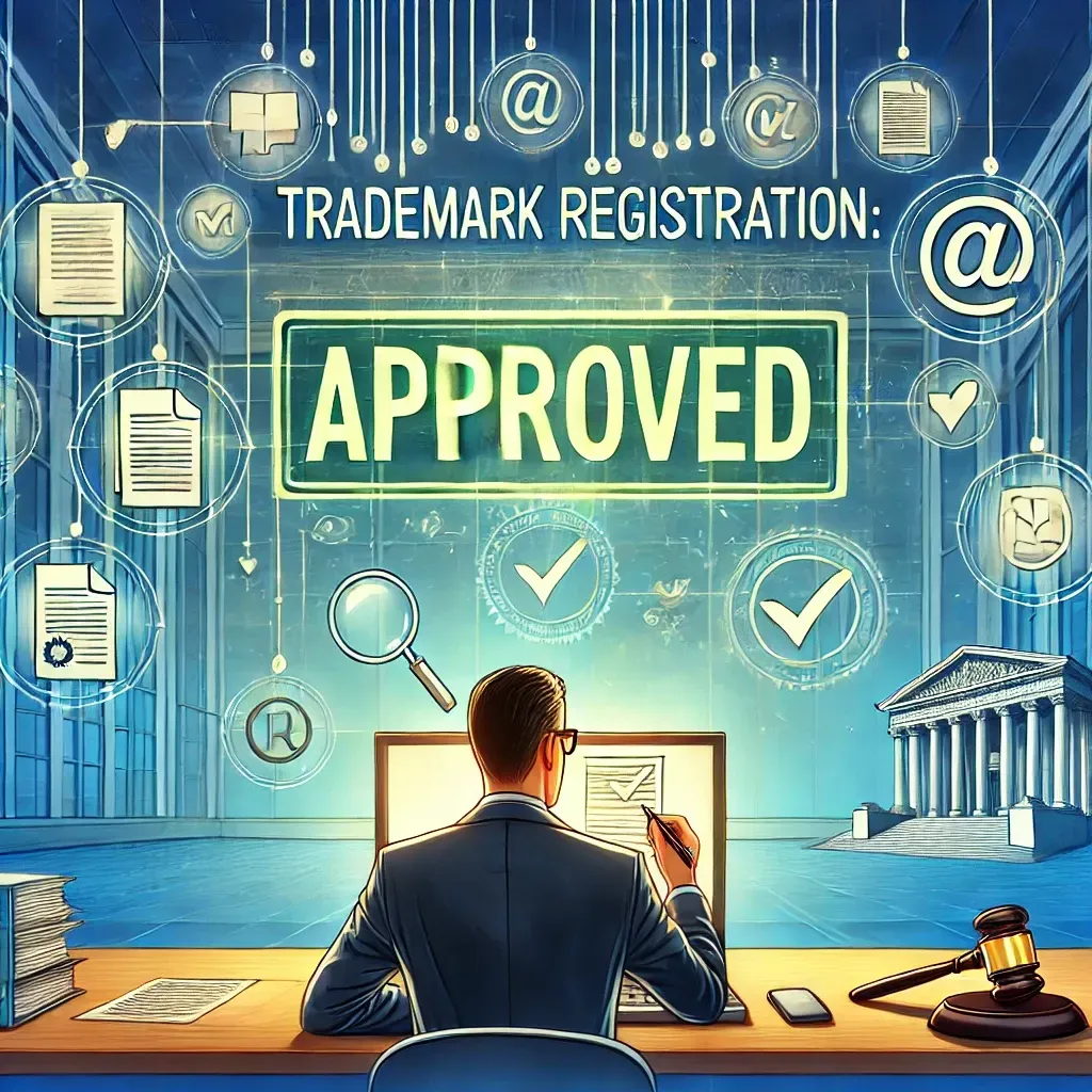 A digital illustration of a business professional reviewing a trademark application on a large computer screen displaying 