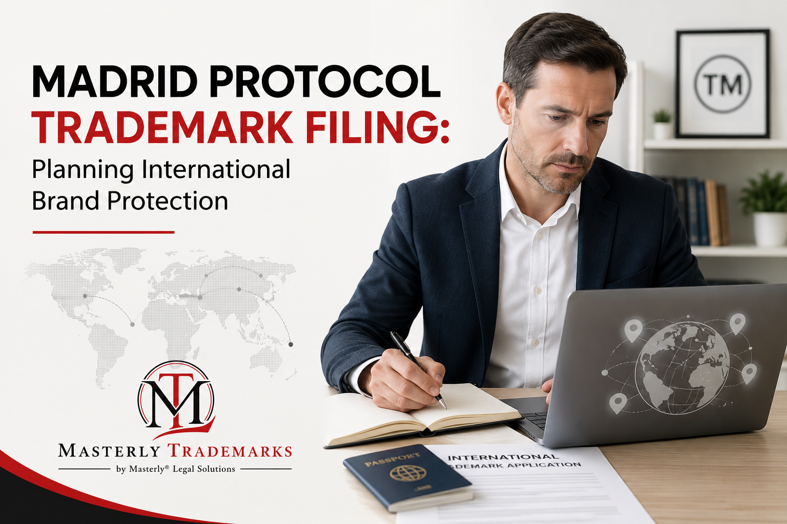 Business owner reviewing Madrid Protocol trademark filing with attorney