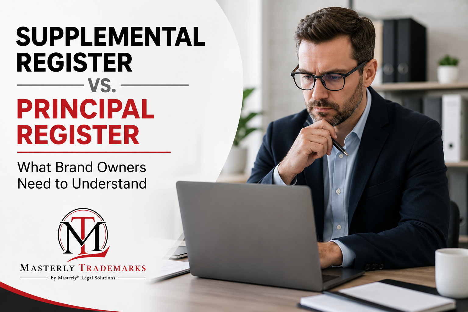 Business owner reviewing a supplemental register trademark application with a trademark attorney.