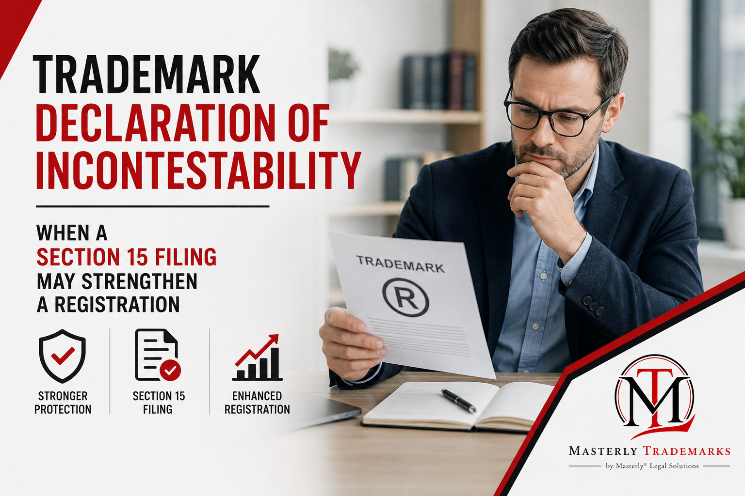 Attorney reviewing a trademark declaration of incontestability
