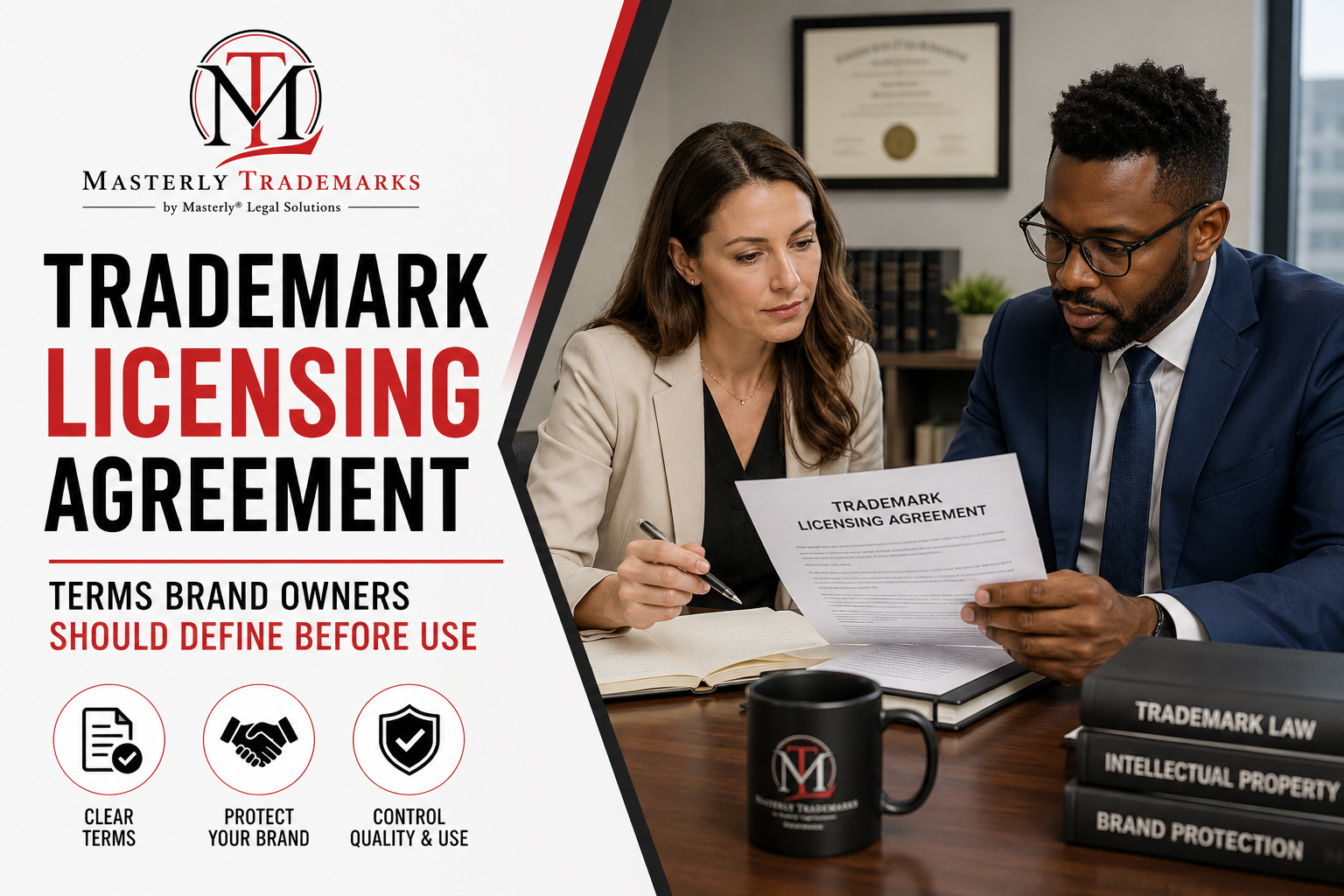 Trademark attorney reviewing a trademark licensing agreement with business owners.