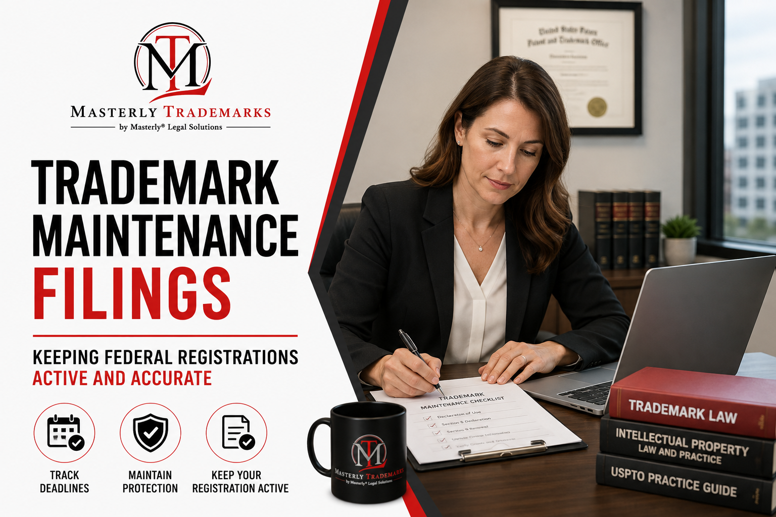 Trademark attorney reviewing trademark maintenance filing documents with business owners.