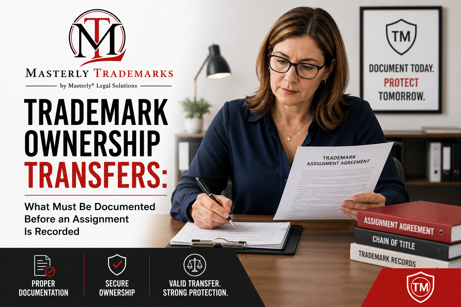 Trademark ownership transfer attorney reviewing trademark assignment documents with business owner