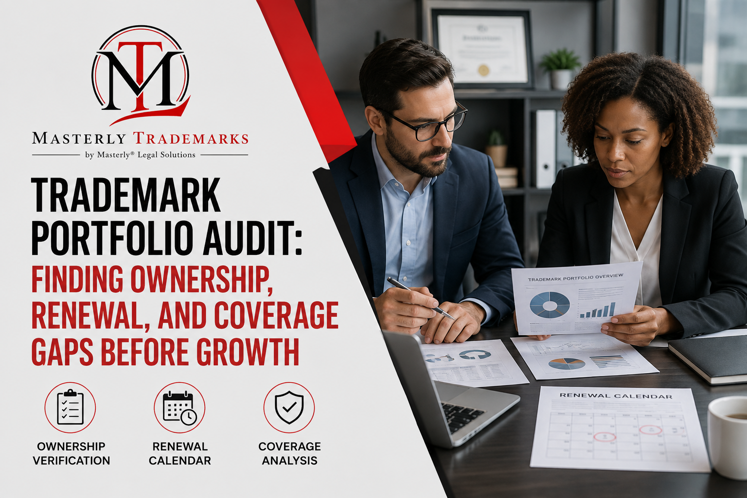 Trademark attorney reviewing a trademark portfolio audit with business owners.