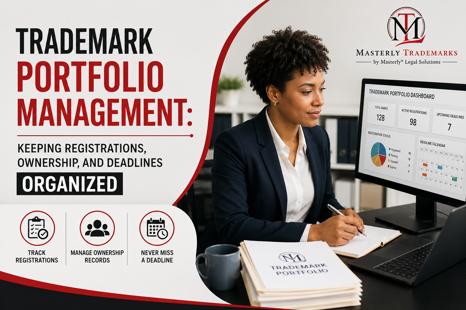 Trademark attorney reviewing trademark portfolio management records.