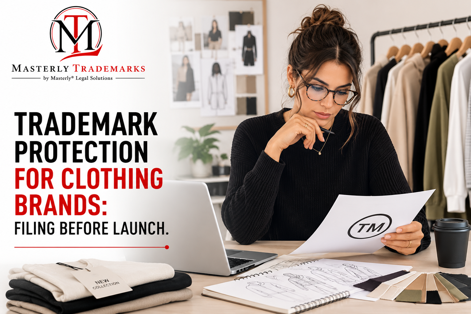 Clothing brand trademark search and registration documents on a legal desk