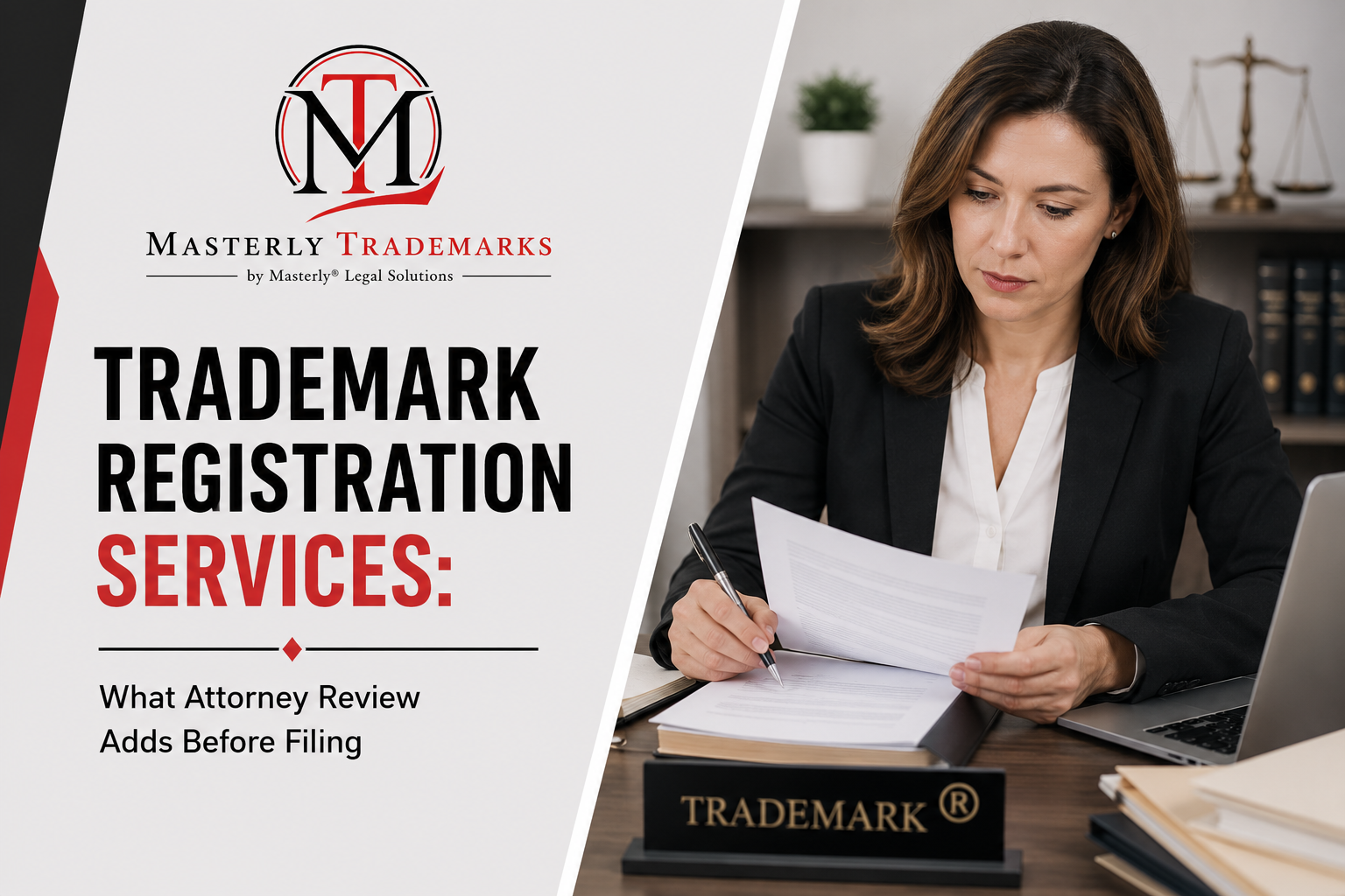 Trademark registration services attorney reviewing USPTO application