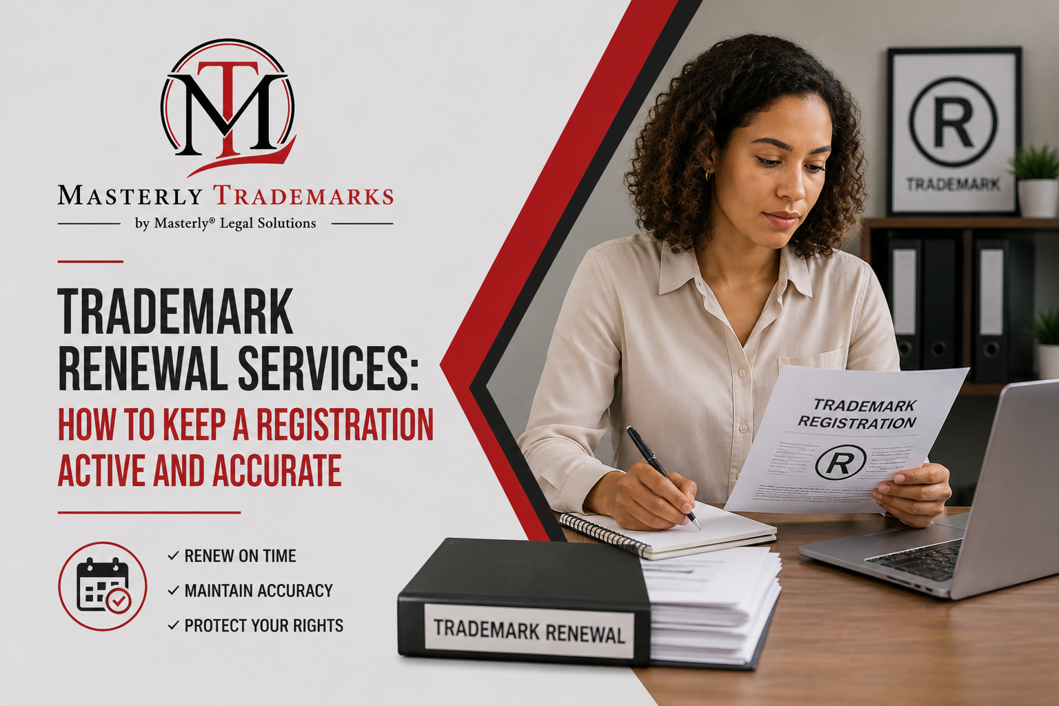Trademark renewal service attorney reviewing renewal documents