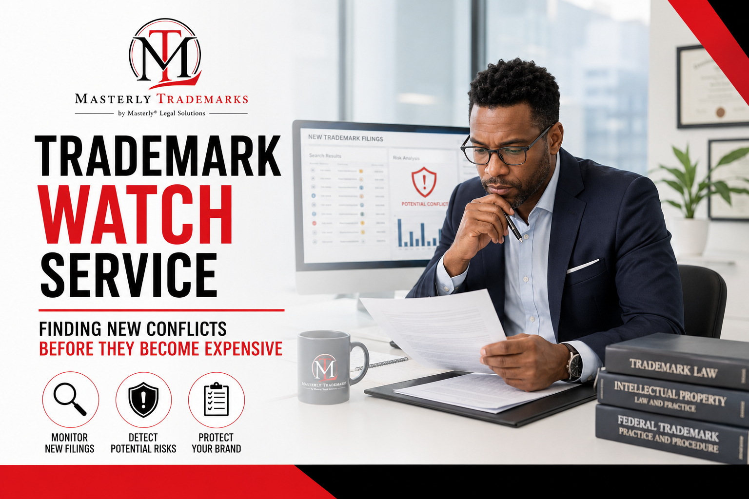 Trademark attorney reviewing trademark watch service reports with business owners.