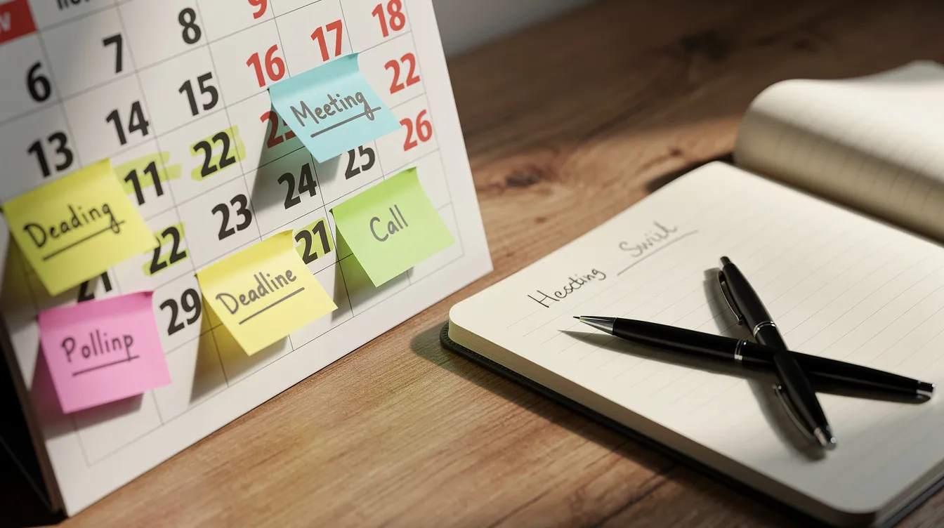 Desk calendar with sticky notes beside a notebook and pen on a wooden table