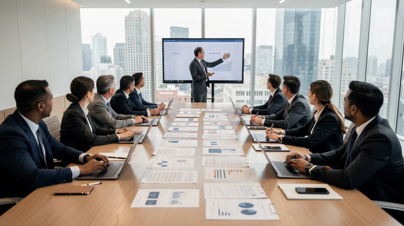 Business meeting in a bright conference room, with a presenter at a screen and attendees seated around a long table.