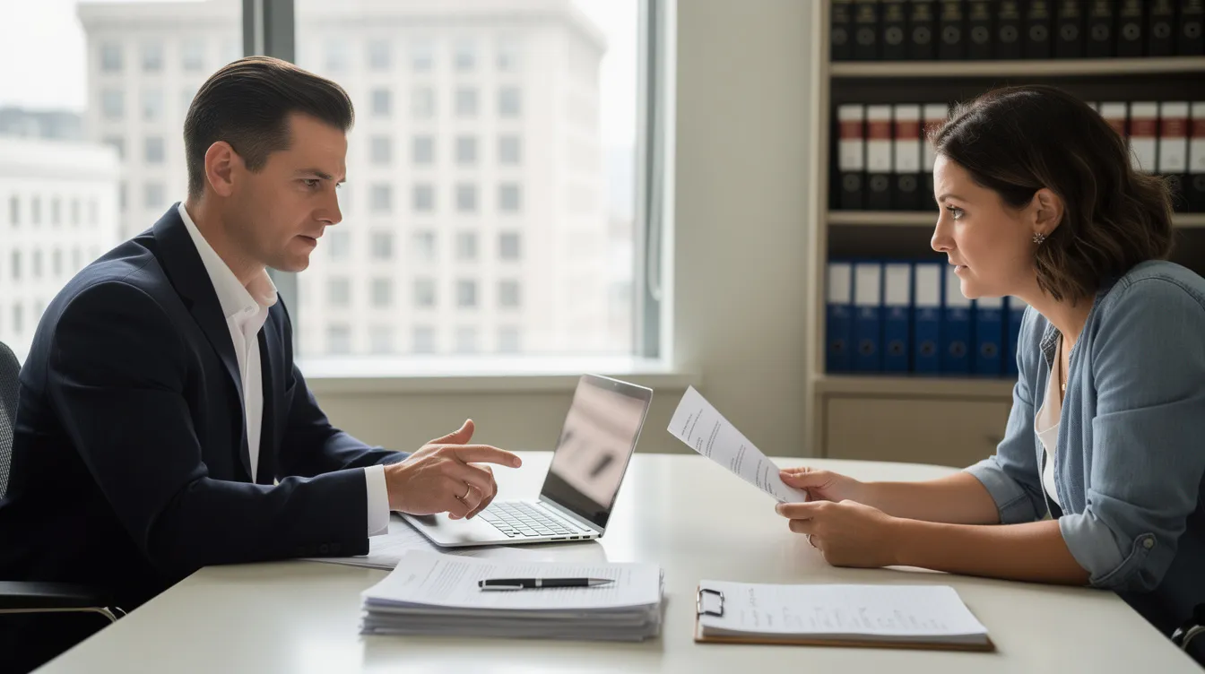 Two people in a meeting, reviewing papers across a desk in a bright office.