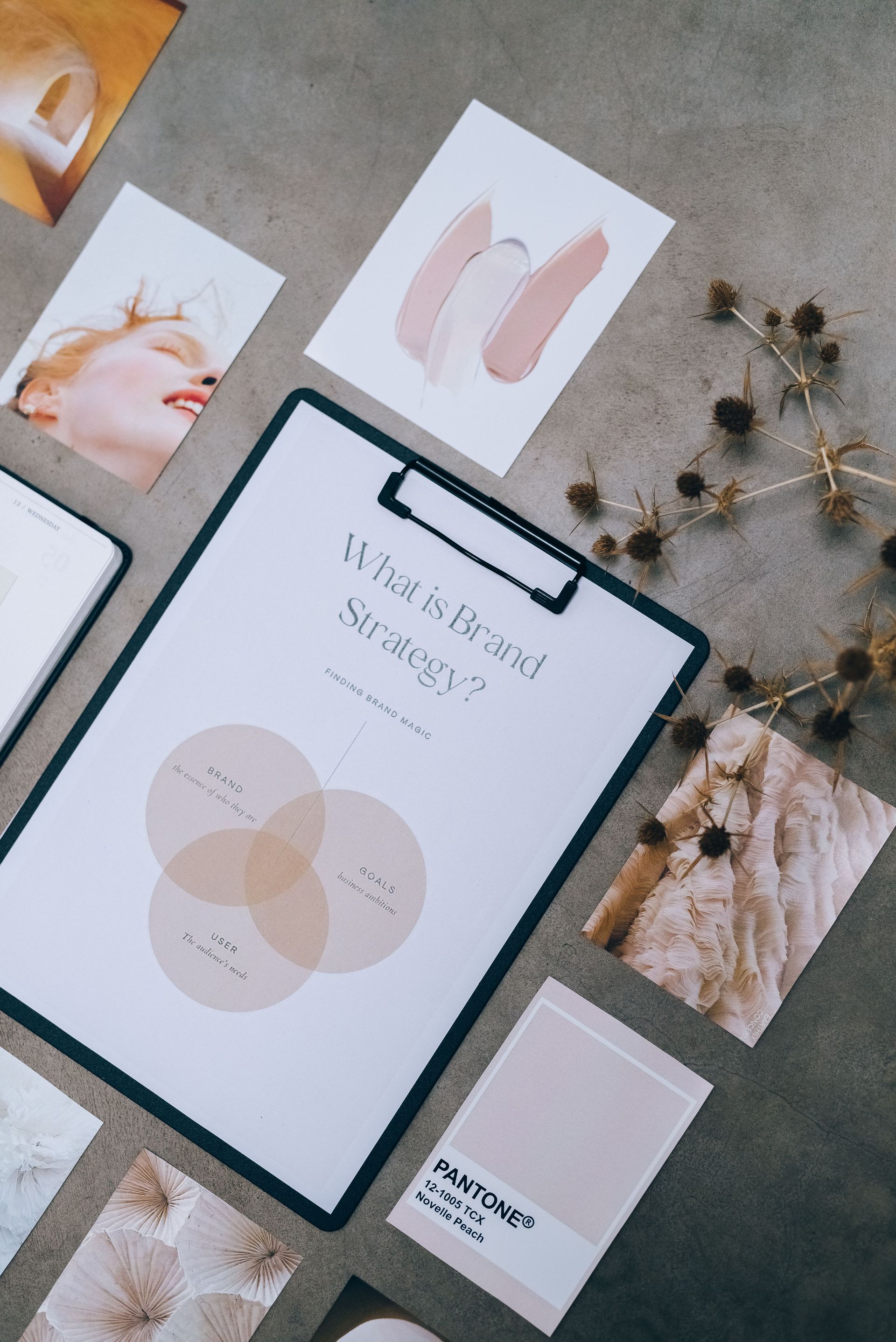 Clipboard with minimalist pastel prints, candles, dried flowers, and a beige knit scarf on a gray surface