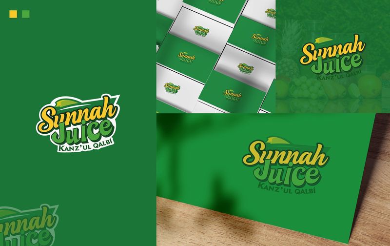 Sunnah Juice logo shown on green backgrounds, packaging and printed stationery
