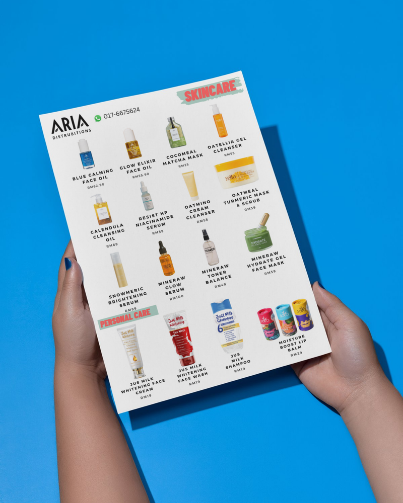 Aria Distributions skincare and personal care product flyer