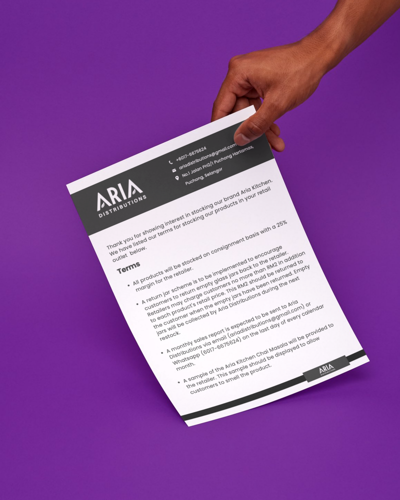 Aria Distributions letterhead with retailer terms