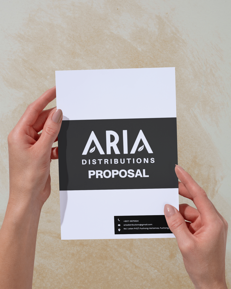 Aria Distributions proposal cover held in two hands