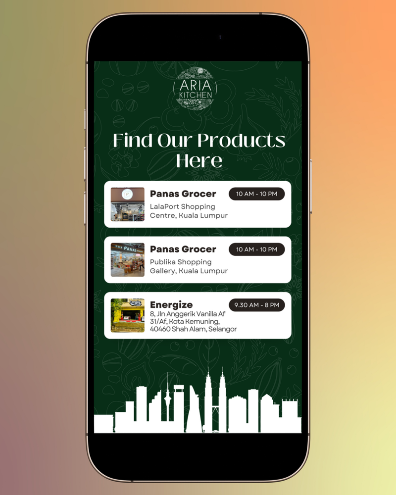 Aria Kitchen story post listing where to find the products