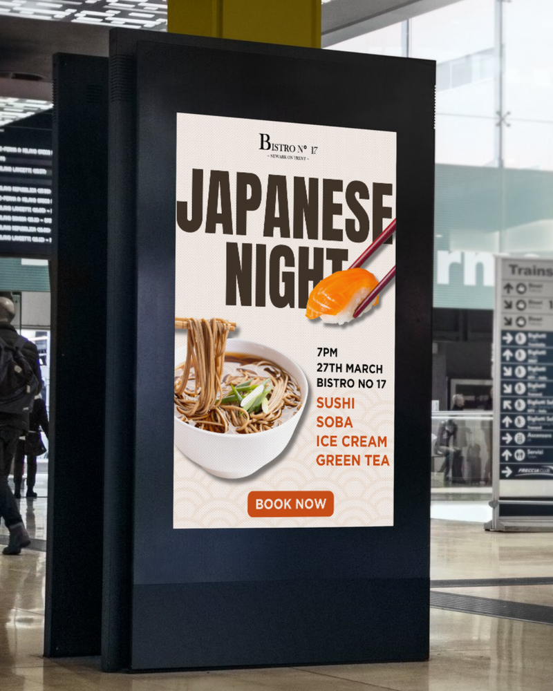 Bistro No. 17 Japanese Night advert on a digital billboard in a station concourse