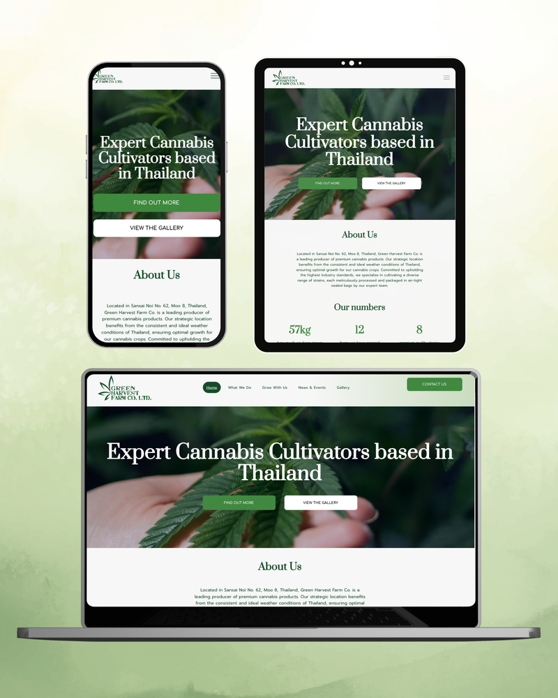 Green Harvest Farm Co. website shown on phone, tablet and laptop