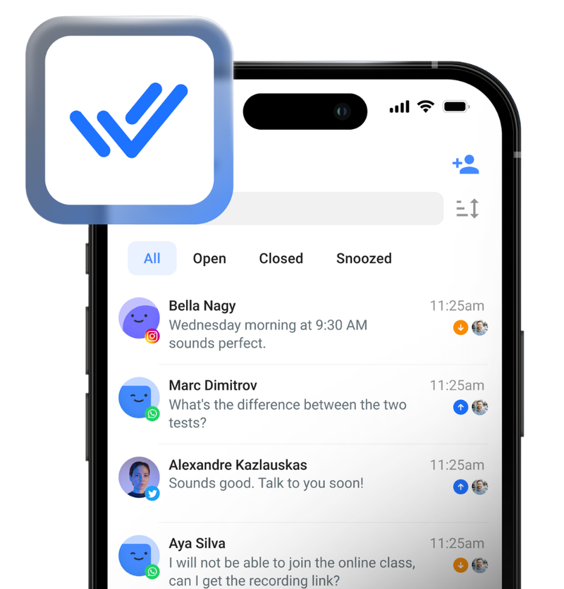 The chatbot app on a phone showing a list of customer conversations from WhatsApp, Instagram and other channels