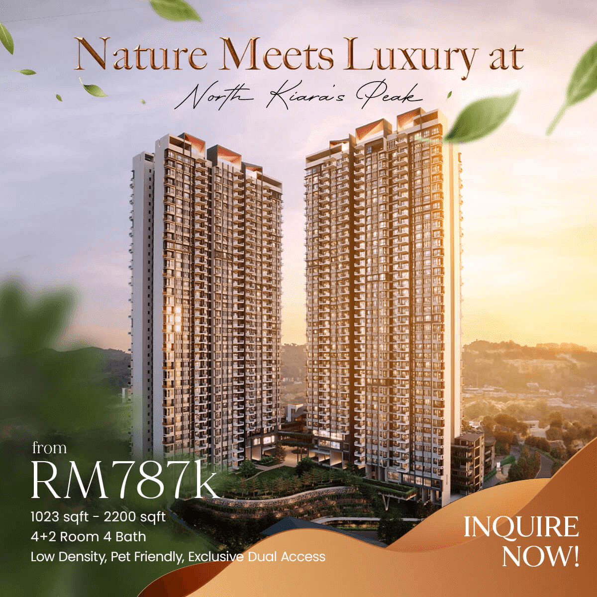 Property ad creative showing two residential towers at sunset with the line Nature Meets Luxury