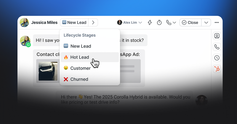 A conversation with a lifecycle stage menu listing New Lead, Hot Lead, Customer and Churned