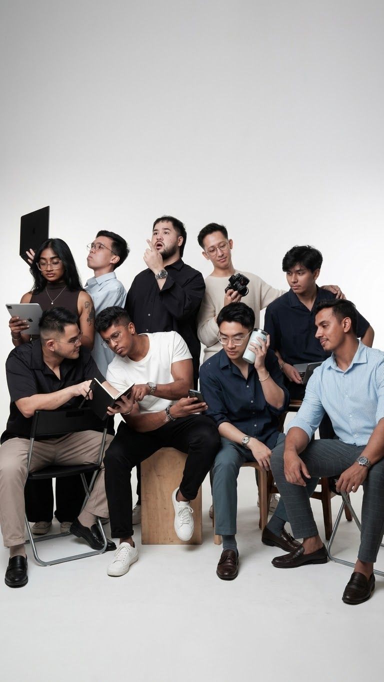 The Milkyway team gathered in a studio, each caught mid-task with laptops, a camera, a notebook and phones