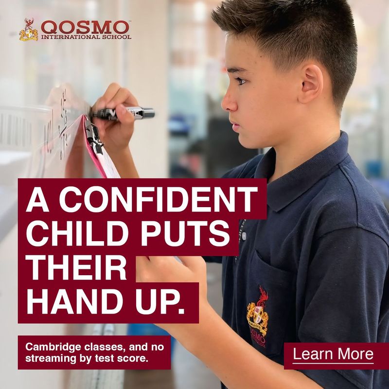 Qosmo ad: A confident child puts their hand up