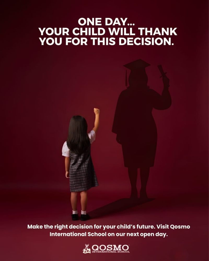 Qosmo ad: a young girl and her graduate shadow, One day your child will thank you for this decision