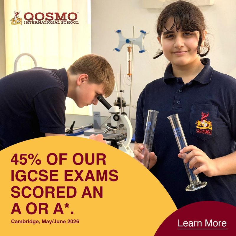 Qosmo ad: 45% of our IGCSE exams scored an A or A*, Cambridge May/June 2026