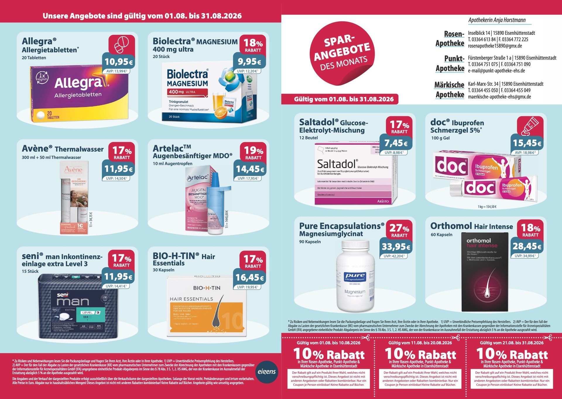 Werbung für eine Apotheke mit Arzneimitteln. Roter und weißer Hintergrund mit Produktfotos und Preisschildern.