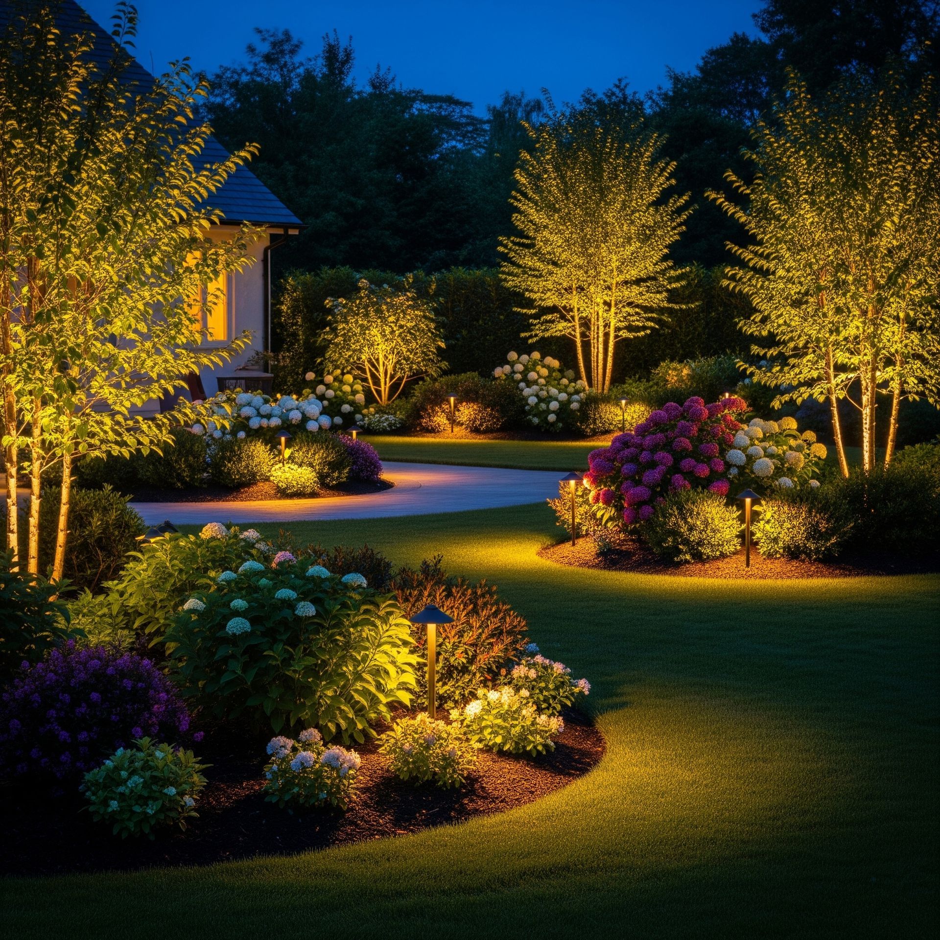 Lush garden at night illuminated by warm lights, showcasing trees, flowers, and a curved pathway. - Be The Light