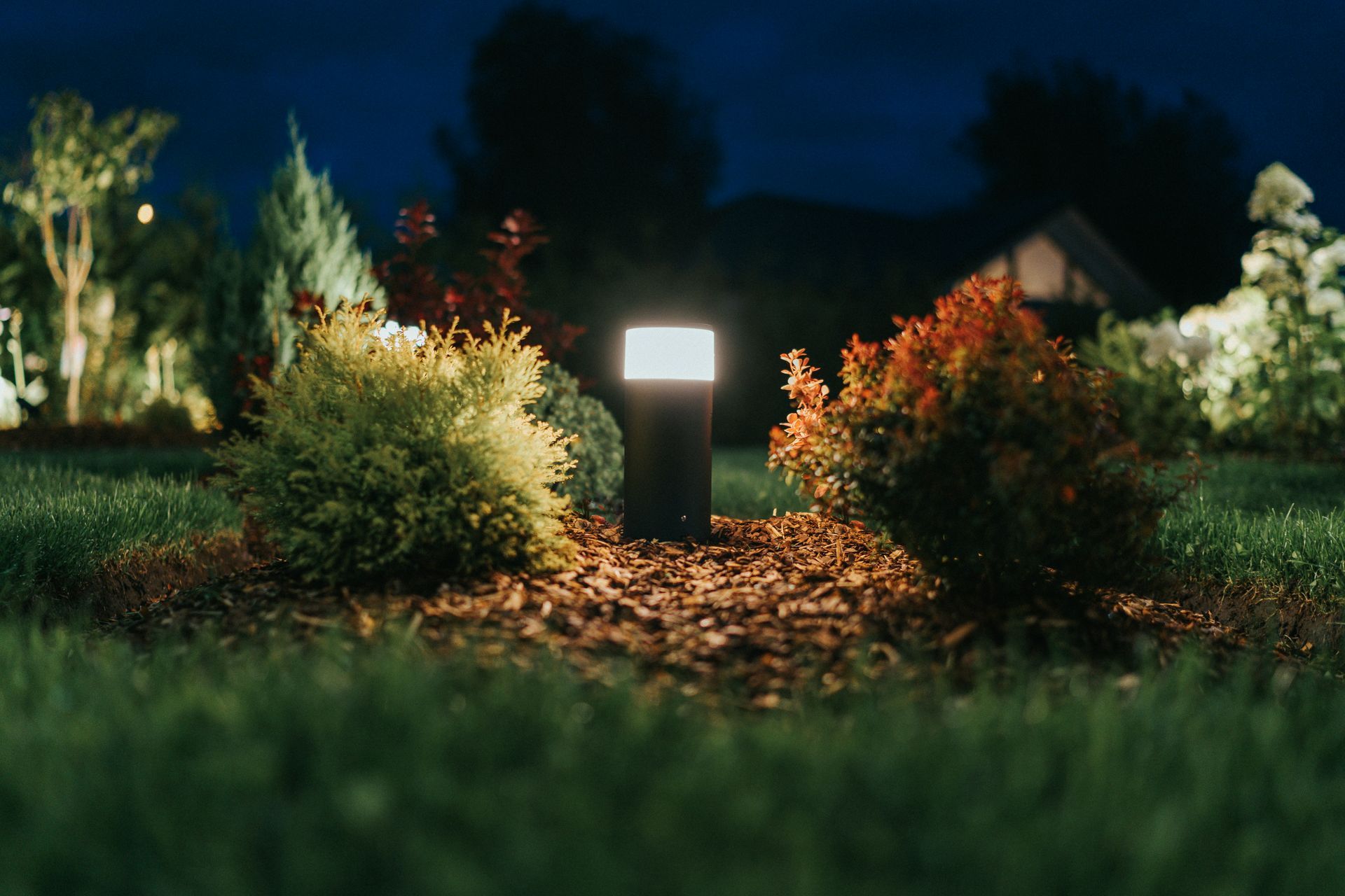 A outdoor lamp planted on the yard grounds at night