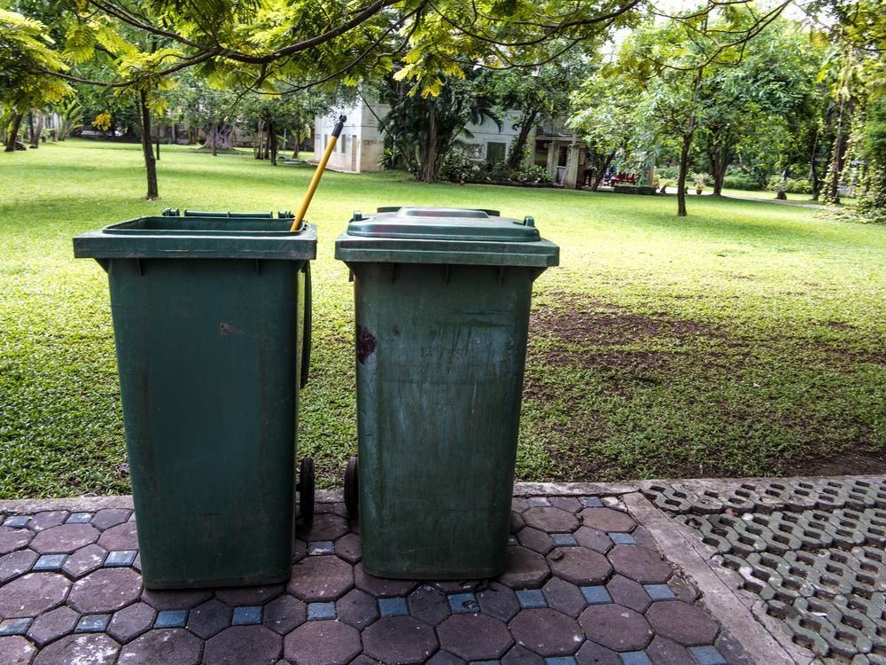 Two Green Trash Cans Are Sitting on a Sidewalk in a Park — IBS Skip Bins in Currimundi, QLD