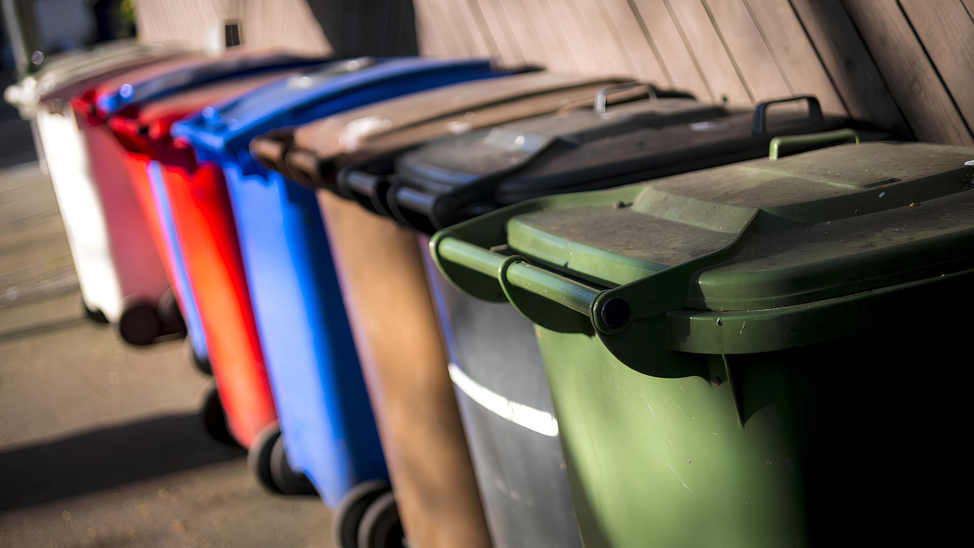 A Row of Trash Cans of Different Colors Are Lined Up in a Row — I.B.S Skip Bins in Noosa, QLD