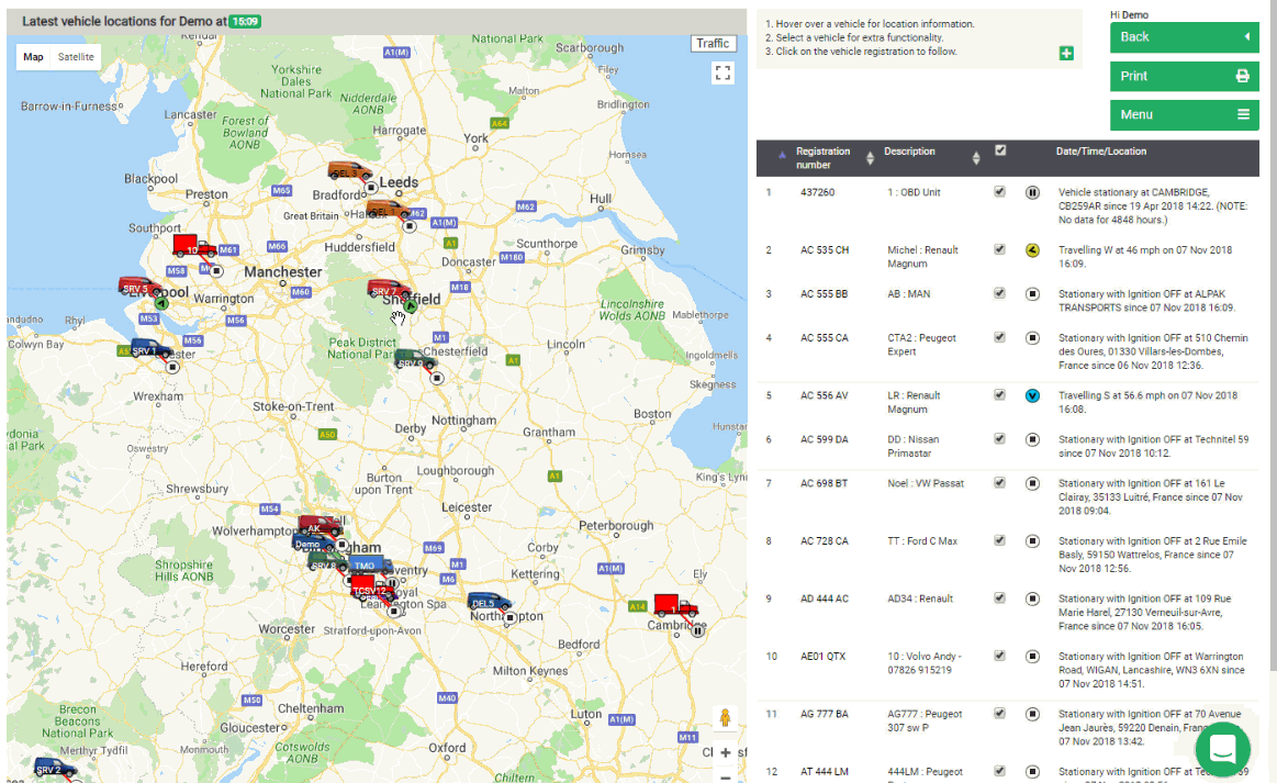 A map of the united kingdom with trucks on it