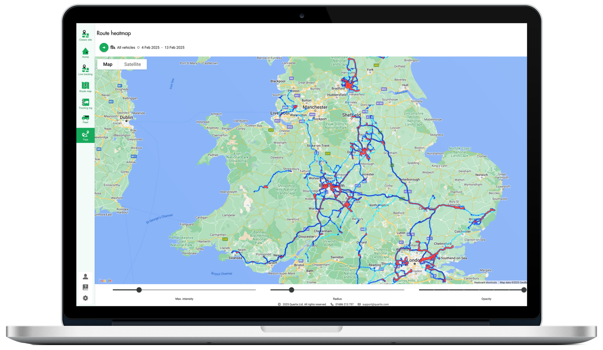 A laptop computer with a map of the united kingdom on the screen.
