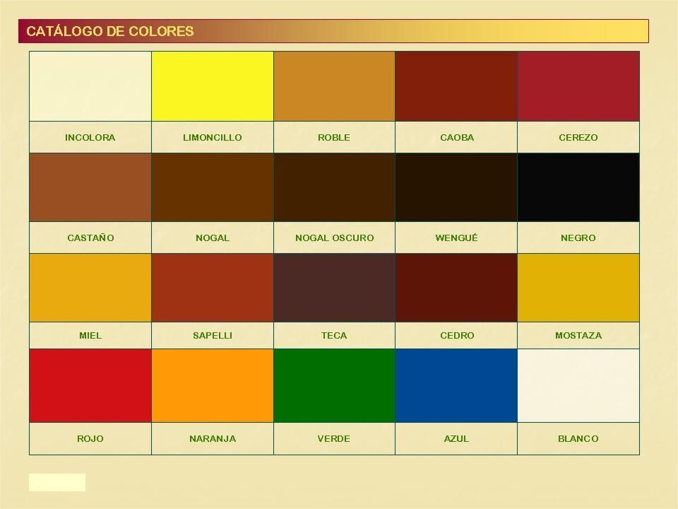 Tabla de colores etiquetada como “Catálogo de Colores” con filas de muestras de color amarillo, marrón, rojo, verde, azul y blanco.