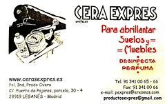Anuncio de CERA EXPRES para betún para zapatos y muebles, con ilustración del producto en blanco y negro y texto rojo sobre fondo blanco.