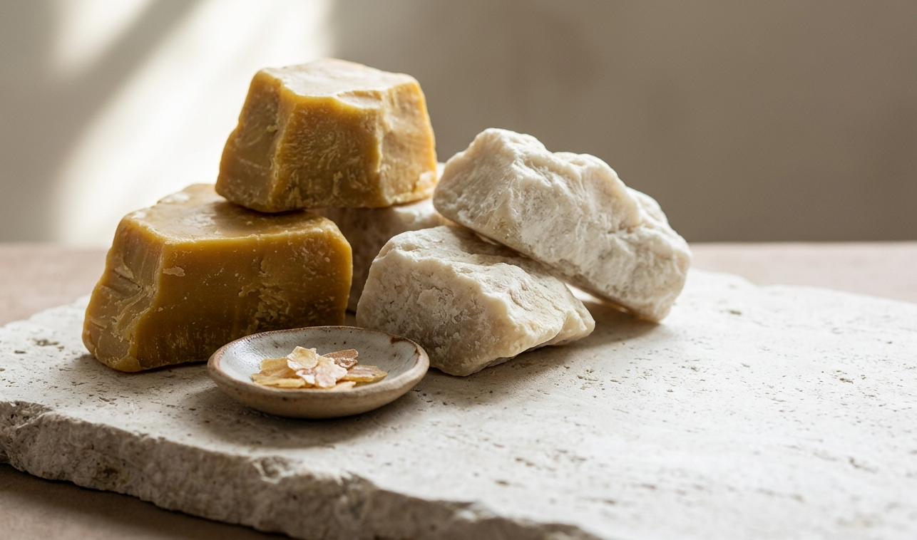 Surtido de pastillas de jabón beige y marrón sobre una superficie de piedra clara, con un pequeño plato redondo delante.