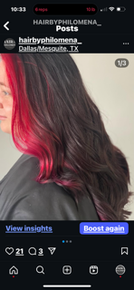 Dark wavy hair with magenta highlights, shown in an Instagram post screenshot.